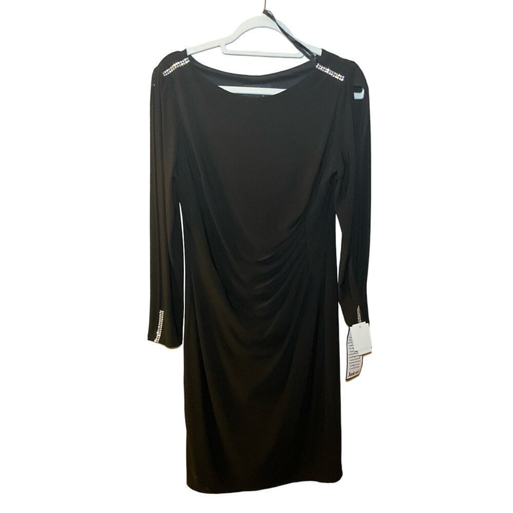 Betsy & Adam Crystal LBD Dress Women's 10 Black Polyester Stretch Open Sleeve